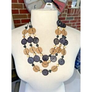Bala Statement Necklace Women OS Black Tan NEW Wood‎ Disc Multi-Strand Boho